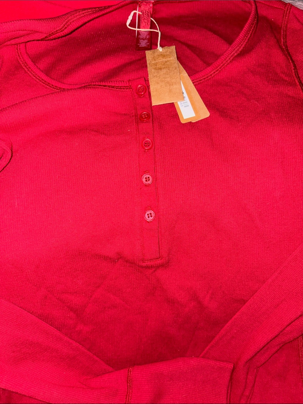 NWT SKIMS Red Henley Button-Up Long Sleeve Top